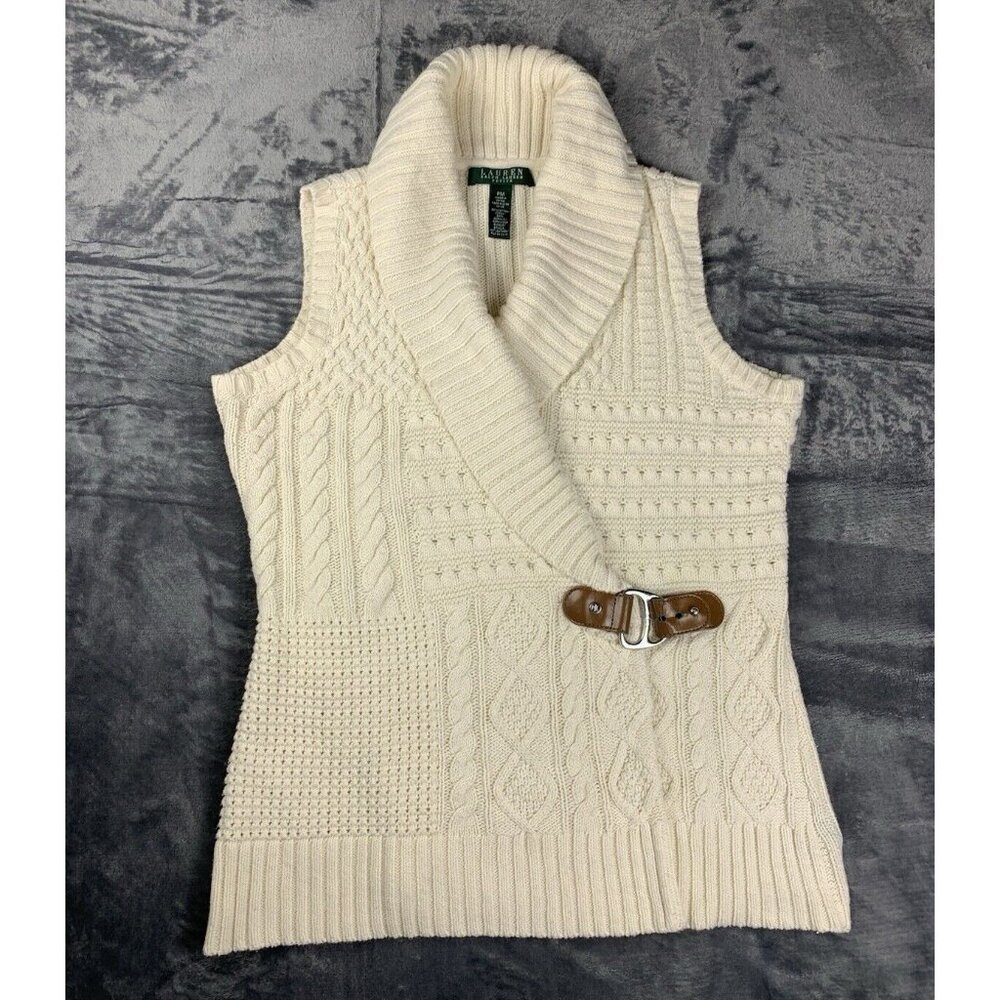 Talbots Cream Cable-Knit Sleeveless Wrap Vest with Buckle